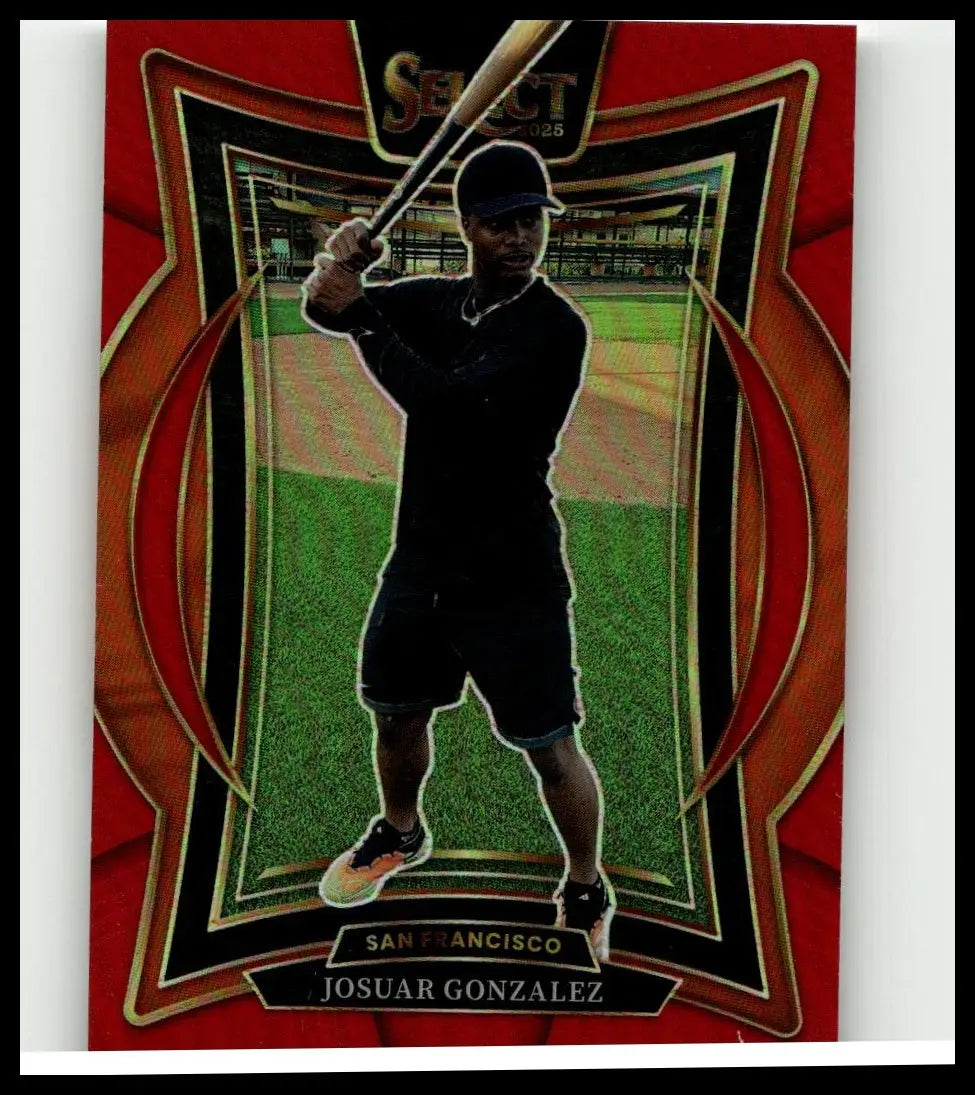 Red and black 2025 panini select josuar gonzalez red prizms baseball card featuring player in black holding bat numbered 7 of 149