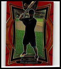 Red and black 2025 panini select josuar gonzalez red prizms baseball card featuring player in black holding bat numbered 7 of 149