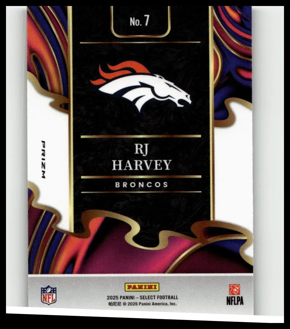 Black and gold panini select nfl trading card featuring denver broncos logo and rj harvey phenomenon no 7