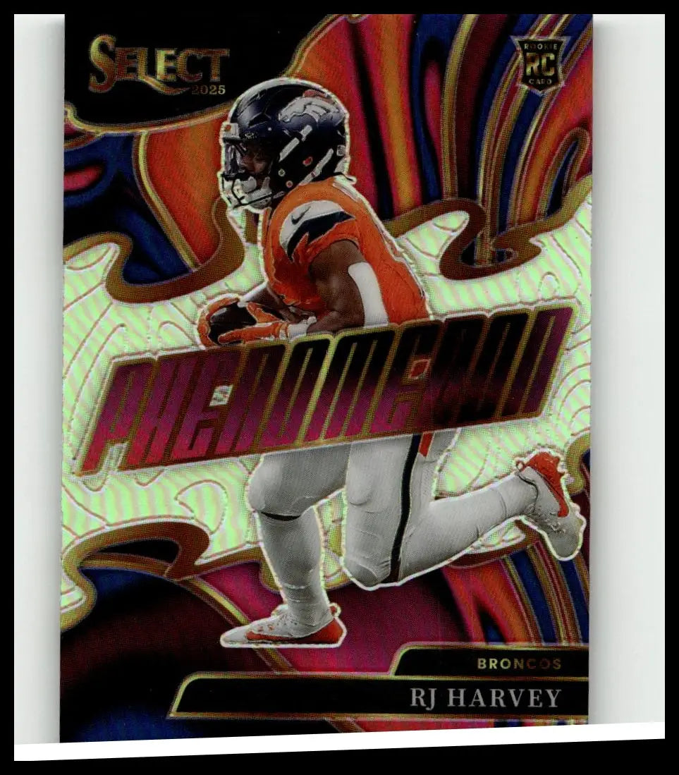 A vibrant orange and white 2025 Panini Select #7 RJ Harvey Phenomenon football card showing action design