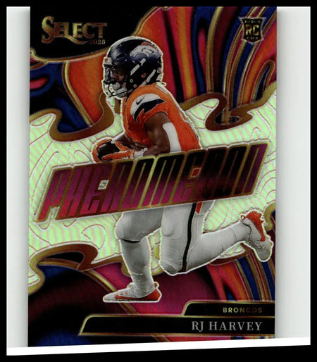 A vibrant orange and white 2025 Panini Select #7 RJ Harvey Phenomenon football card showing action design