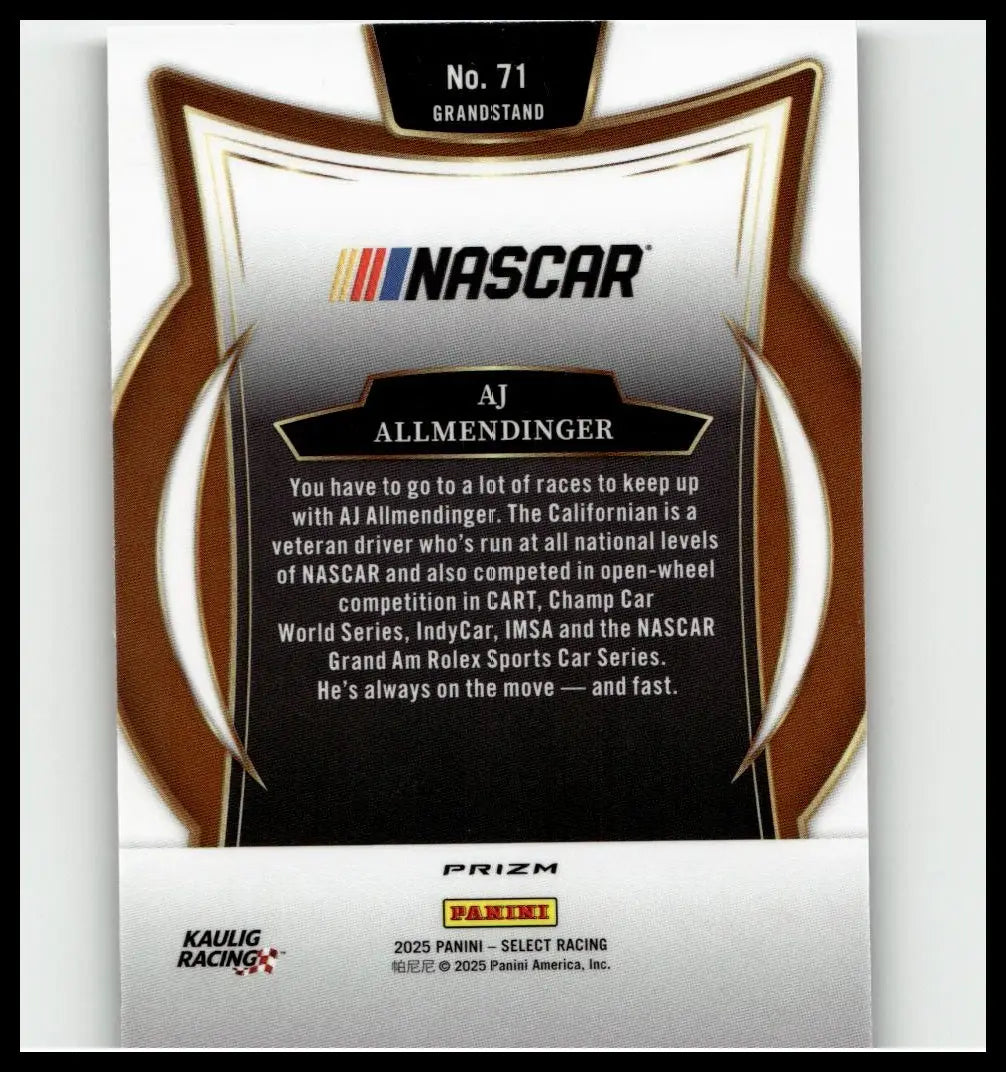Nascar trading card of aj allmendinger with silver and brown shield design from 2025 panini select toys and games collection