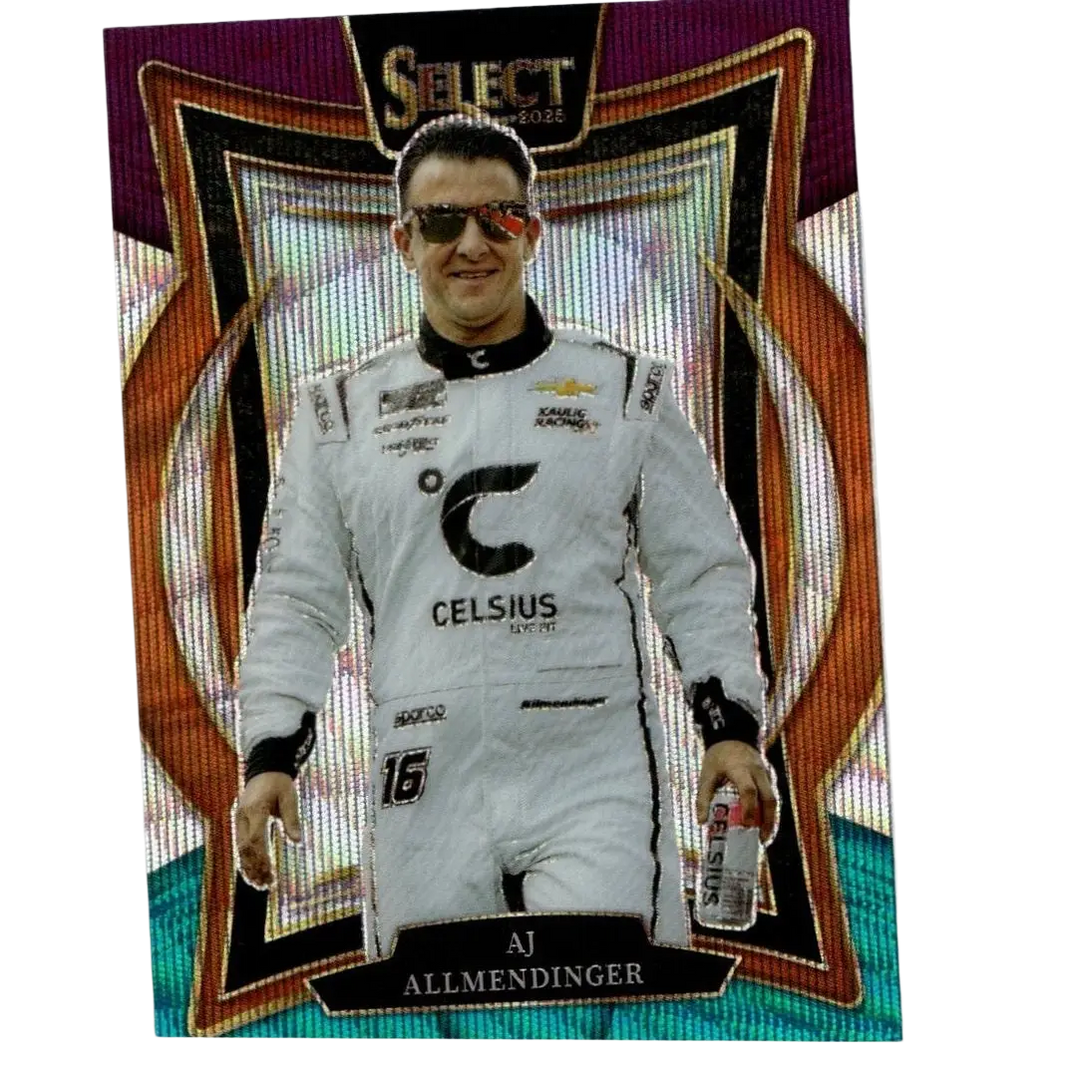A 2025 panini select #71 aj allmendinger tri-color prizms baseball trading card with holographic background and white racing suit