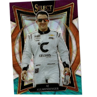 A 2025 panini select #71 aj allmendinger tri-color prizms baseball trading card with holographic background and white racing suit