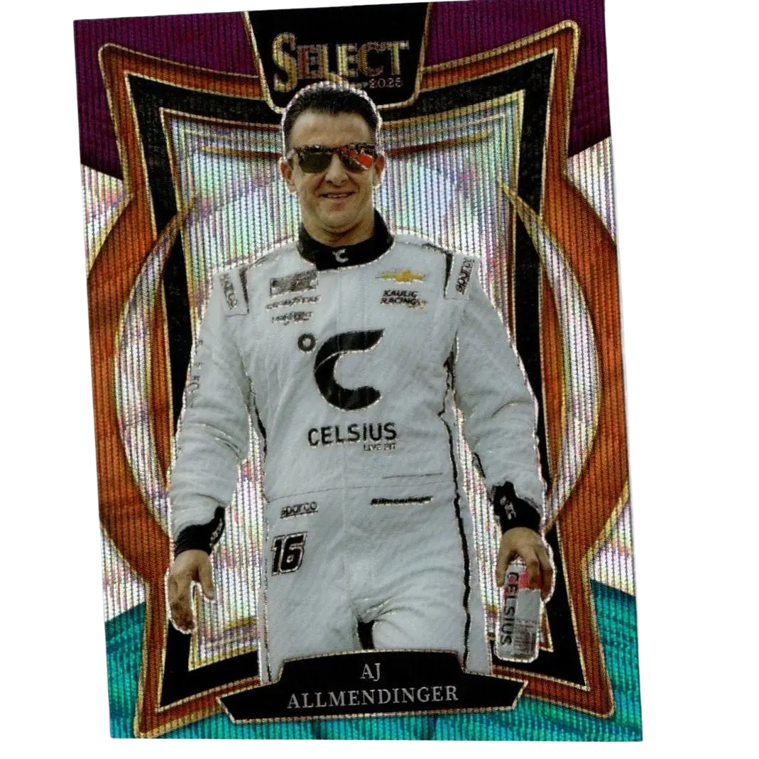 A 2025 panini select #71 aj allmendinger tri-color prizms baseball trading card with holographic background and white racing suit