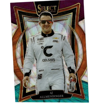 A 2025 panini select #71 aj allmendinger tri-color prizms baseball trading card with holographic background and white racing suit
