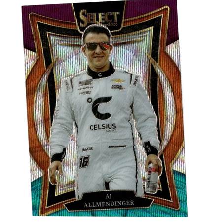 A 2025 panini select #71 aj allmendinger tri-color prizms baseball trading card with holographic background and white racing suit