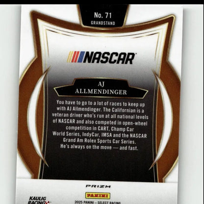 Brown and silver shield-shaped nascar panini select trading card featuring aj allmendinger tri-color prizms collectible