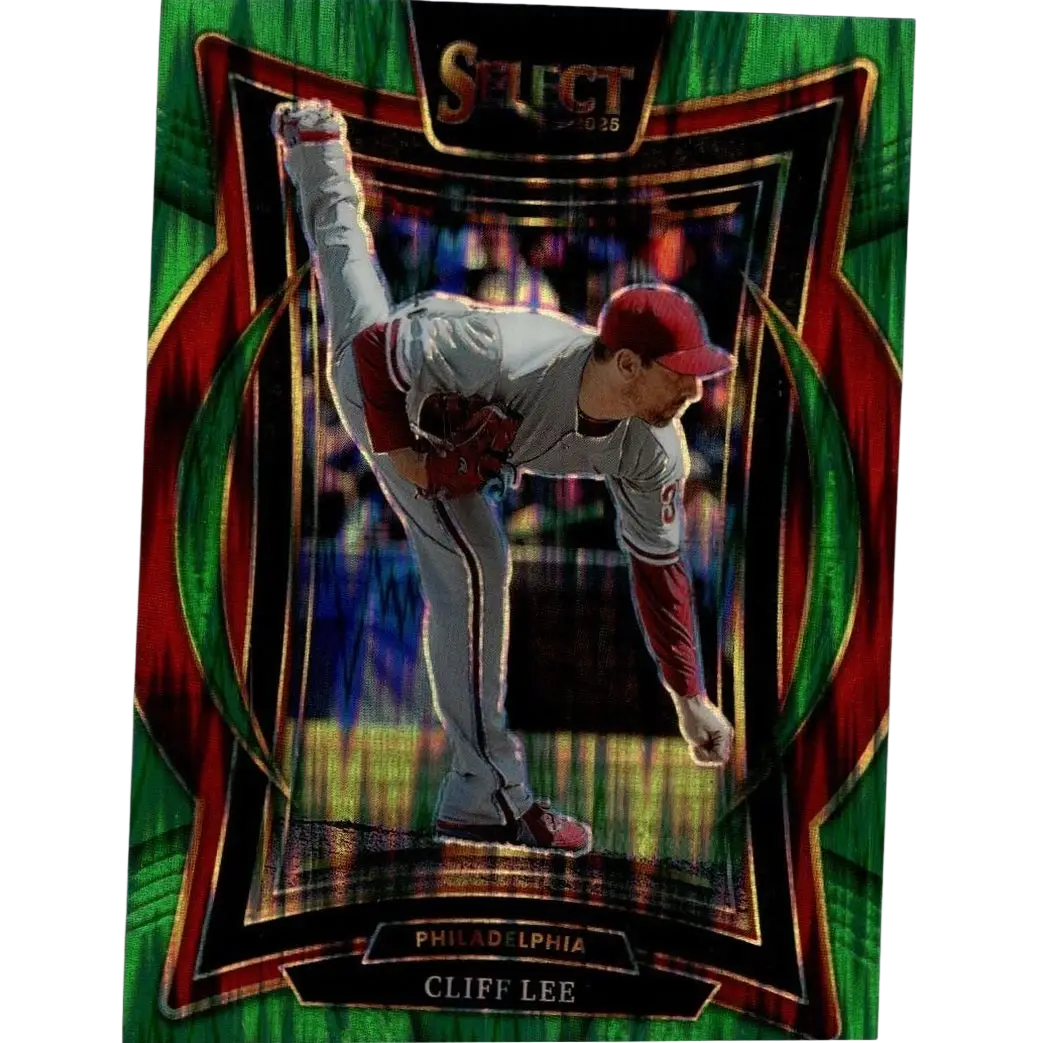 A vibrant green flash prizms holographic baseball card of cliff lee in philadelphia phillies uniform mid-pitch from panini select 2025