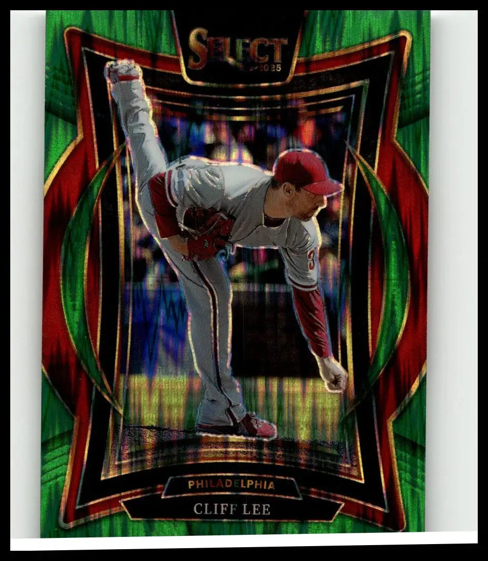 A vibrant green and red holographic 2025 panini select cliff lee green flash prizms baseball trading card mid-pitch