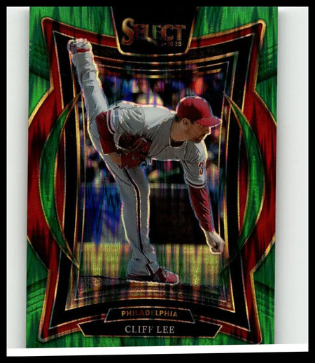 A vibrant green and red holographic 2025 panini select cliff lee green flash prizms baseball trading card mid-pitch