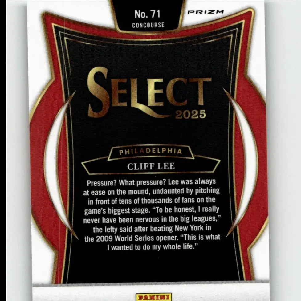 Black and red 2025 panini select cliff lee green flash prizms baseball card with gold foil lettering