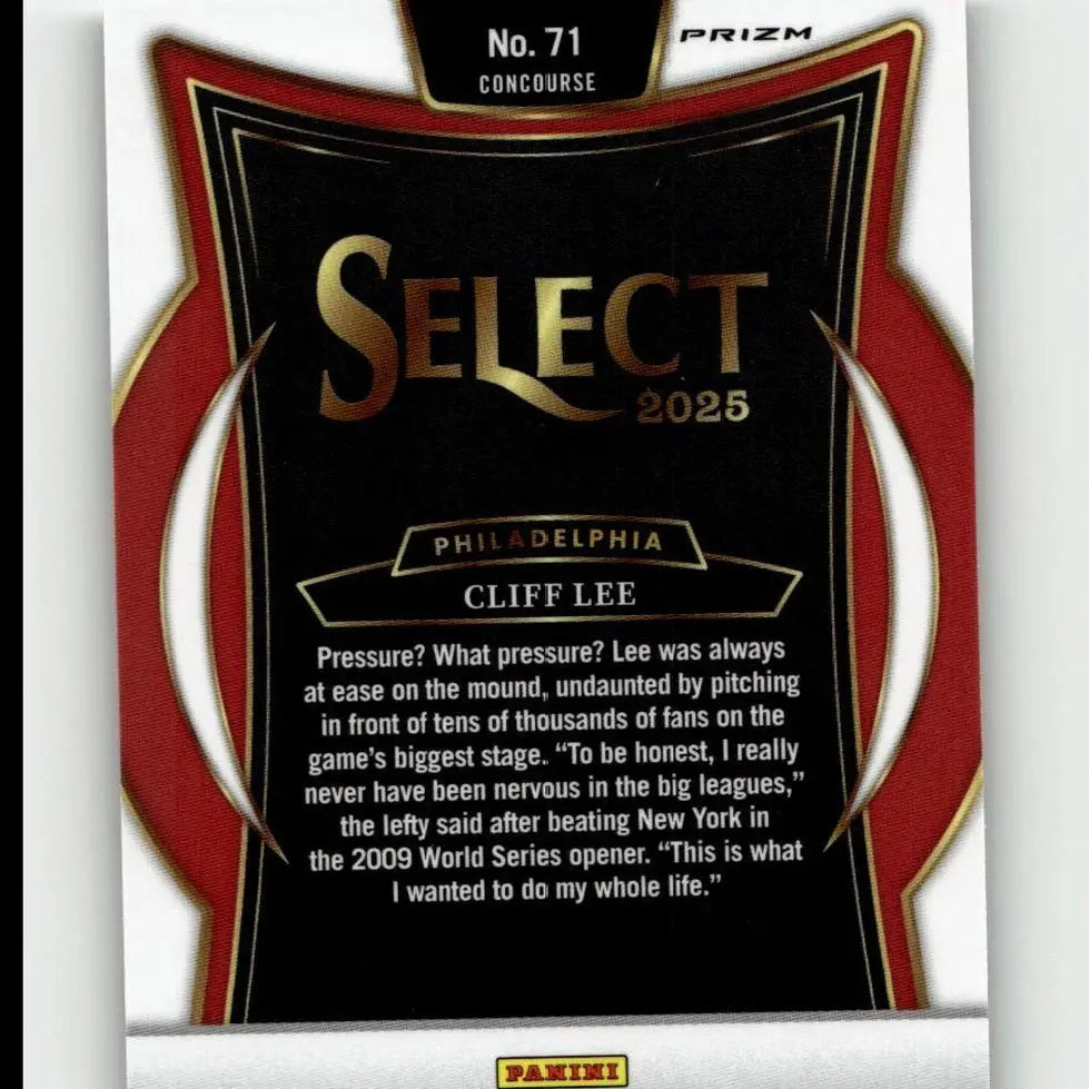 Black and red 2025 panini select cliff lee silver prizms card with gold lettering and metallic border design