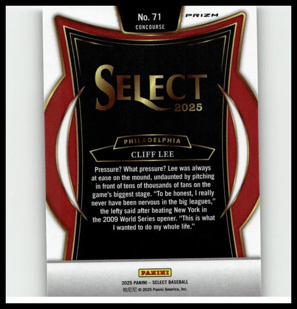 Black and red 2025 panini select #71 cliff lee silver prizms baseball card with gold foil lettering from philadelphia