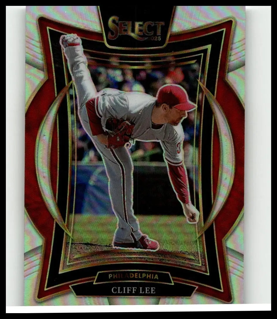 A glossy red and black 2025 panini select cliff lee silver prizms baseball card showing cliff lee mid-pitch in gray uniform