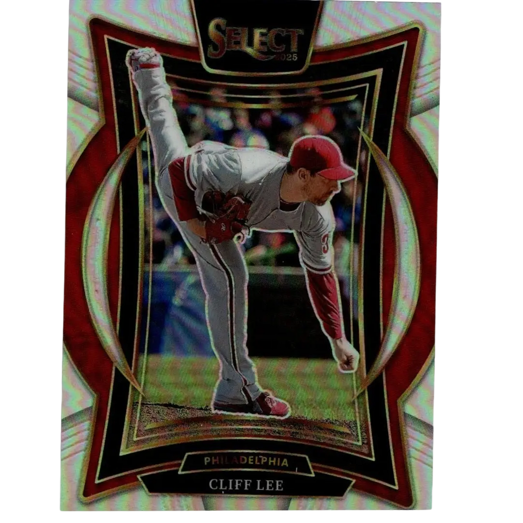 Red and silver framed 2025 panini select cliff lee silver prizms baseball trading card featuring lee in gray uniform