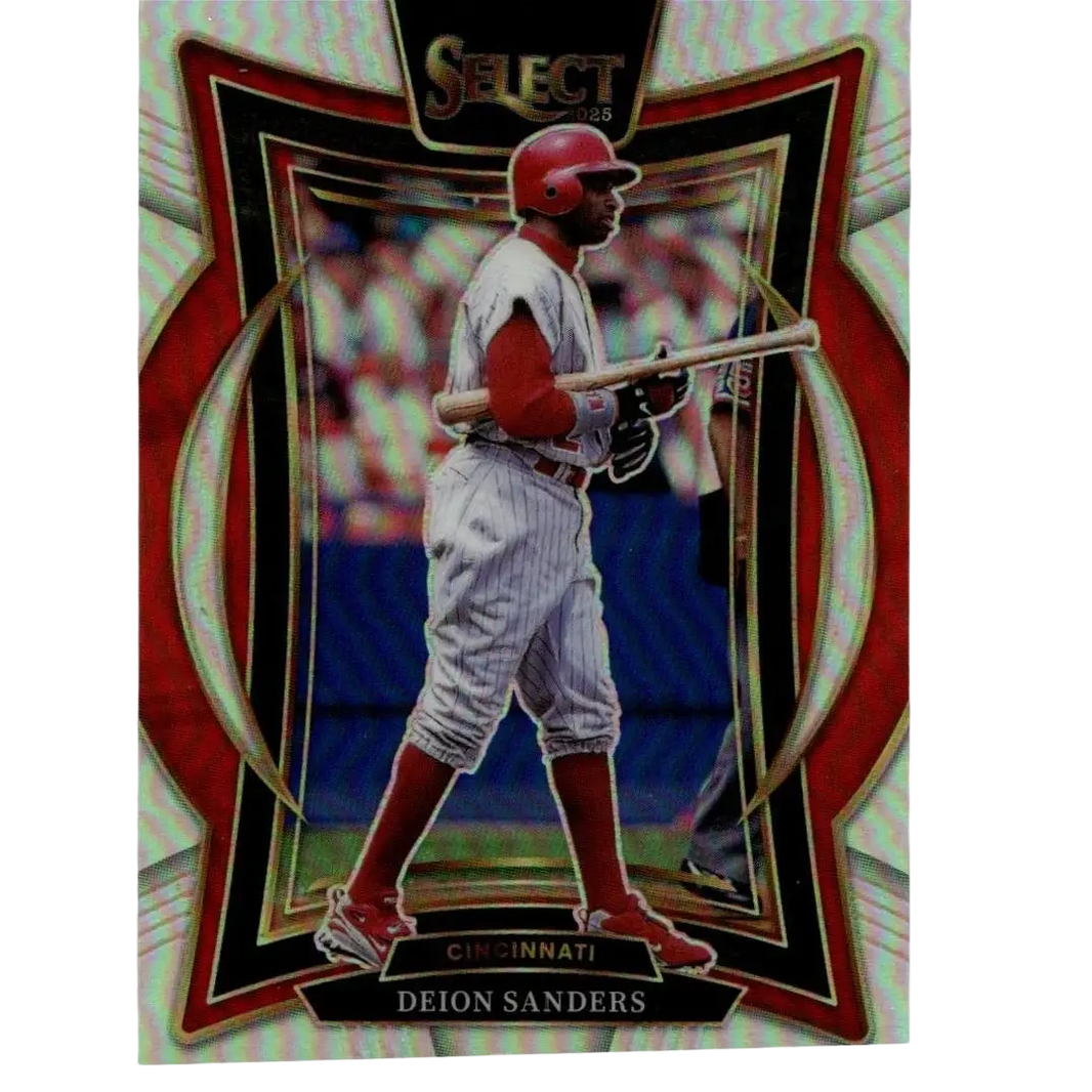 Red helmeted baseball player in white pinstripe uniform holding bat featured on 2025 panini select deion sanders silver prizms card