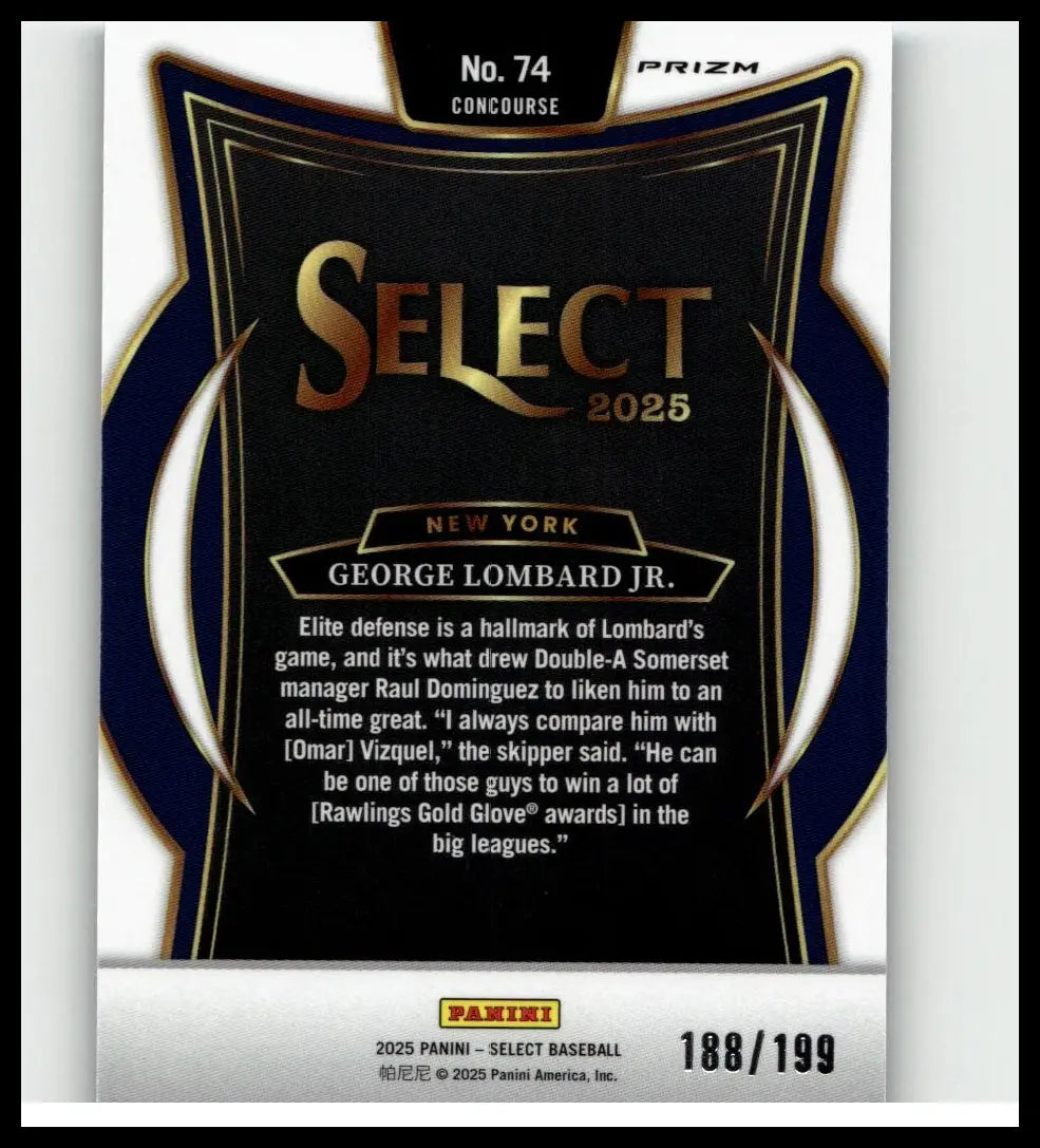 Black and gold 2025 panini select baseball trading card featuring george lombard jr with light blue prizms number 74 of 199