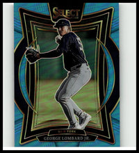 Blue and black 2025 Panini Select baseball card featuring George Lombard Jr light blue prizms numbered 74 of 199