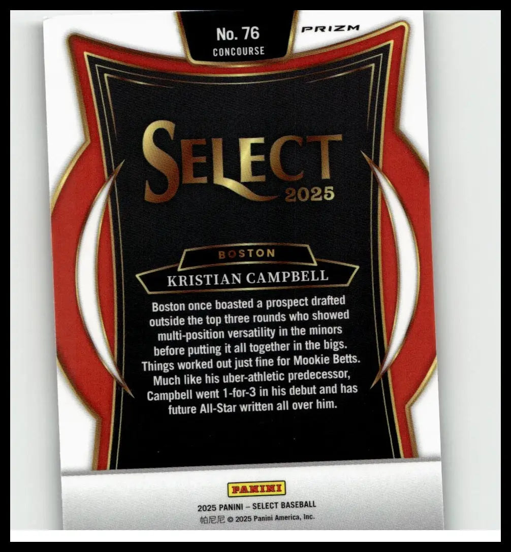 Black and red prizm select 2025 baseball card of Kristian Campbell with gold lettering and glossy finish by Panini Select