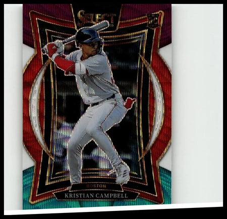 Glossy red black and teal 2025 Panini Select #76 Kristian Campbell Tri-Color Prizms baseball card mid-swing action
