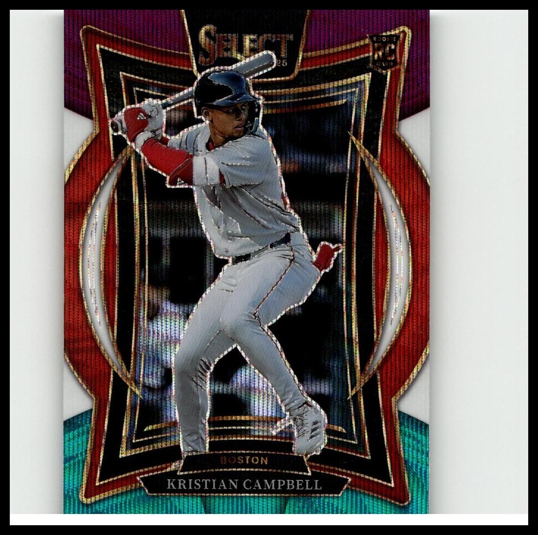 A glossy baseball trading card featuring kristian campbell in a gray uniform with red accents, holding a bat mid-swing against an ornate red and black border design.
