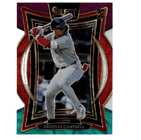 A glossy baseball trading card featuring kristian campbell in a gray uniform with red accents, holding a bat mid-swing against an ornate red and black border design.