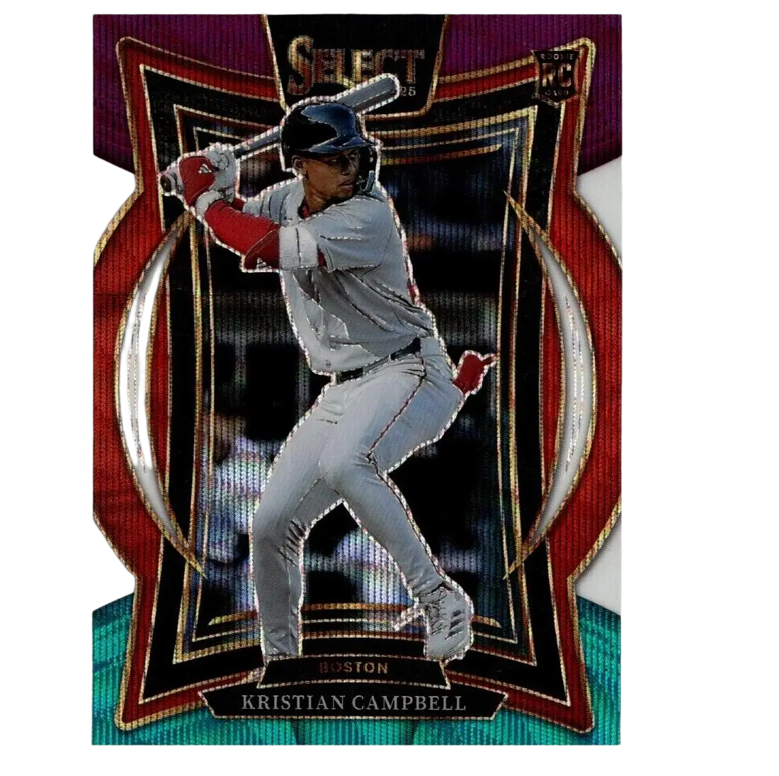 A glossy baseball trading card featuring kristian campbell in a gray uniform with red accents, holding a bat mid-swing against an ornate red and black border design.