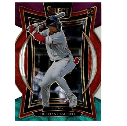 A glossy baseball trading card featuring kristian campbell in a gray uniform with red accents, holding a bat mid-swing against an ornate red and black border design.