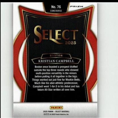 Black and red ’select 2025’’ baseball trading card featuring kristian campbell, with gold lettering and a glossy finish.