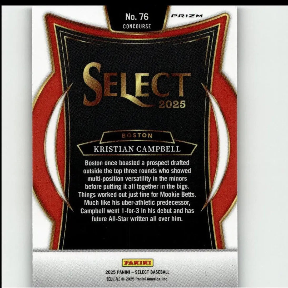 Black and red ’select 2025’’ baseball trading card featuring kristian campbell, with gold lettering and a glossy finish.