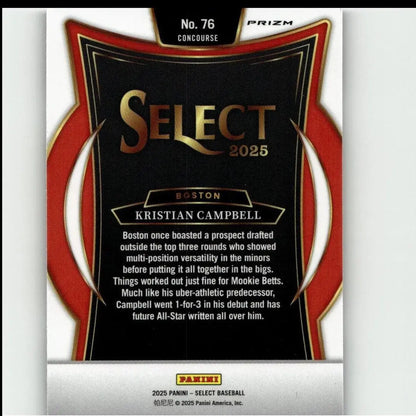 Black and red ’select 2025’’ baseball trading card featuring kristian campbell, with gold lettering and a glossy finish.