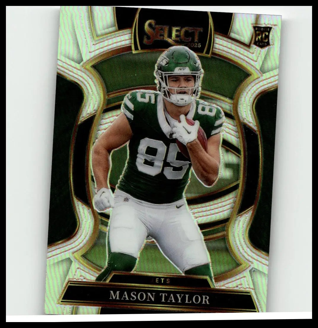 Green and white 2025 panini select #76 mason taylor silver prizm football card featuring mason taylor in jersey 85