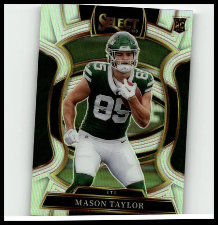 Green and white 2025 panini select #76 mason taylor silver prizm football card featuring mason taylor in jersey 85