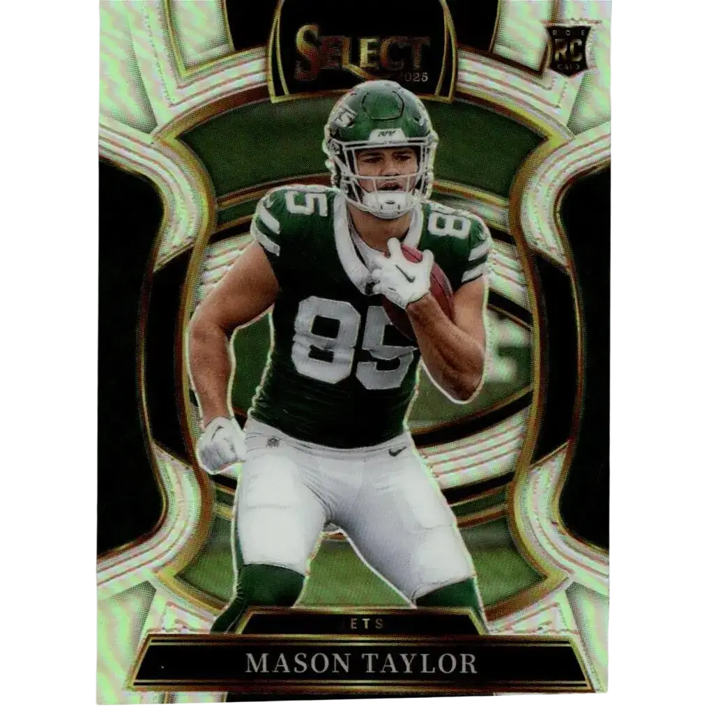 Green and white new york jets football card of mason taylor silver prizm in jersey number 85 from panini select 2025