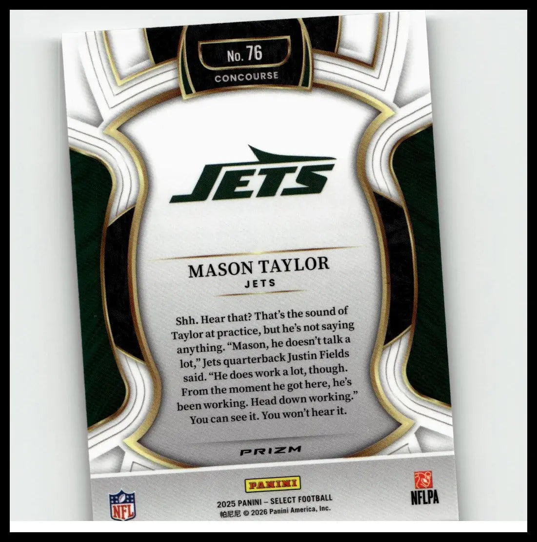 Green and white 2025 panini select nfl trading card featuring mason taylor silver prizm with gold concourse accents