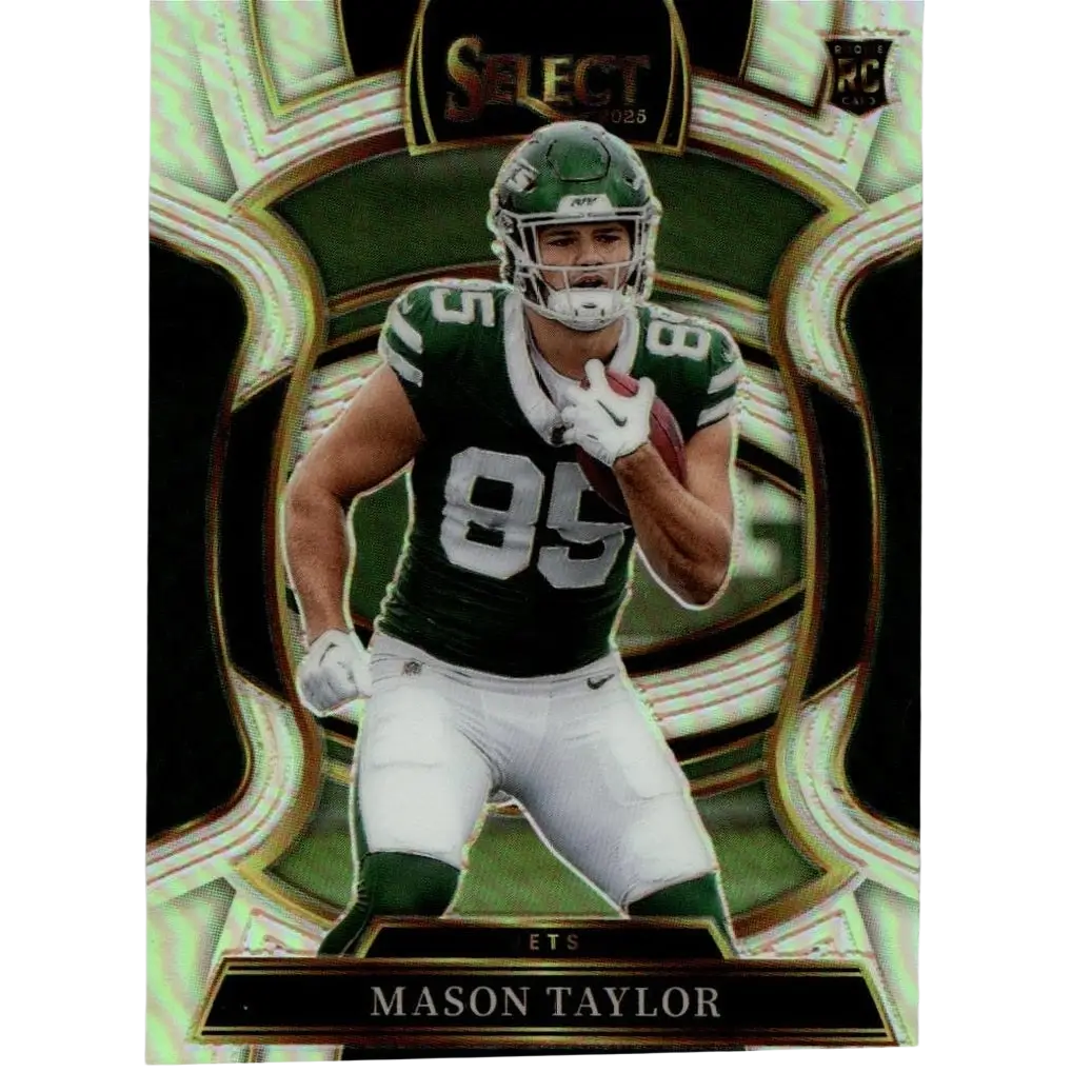 Green and white new york jets football card featuring mason taylor silver in jersey number 85 panini select prizm