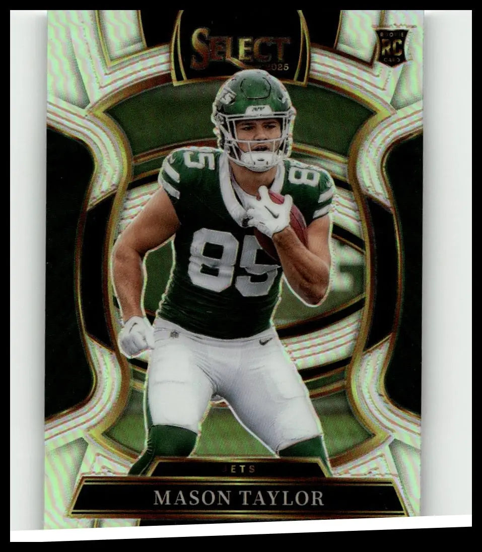 Green and white new york jets football card featuring mason taylor in jersey 85 2025 panini select silver prizm