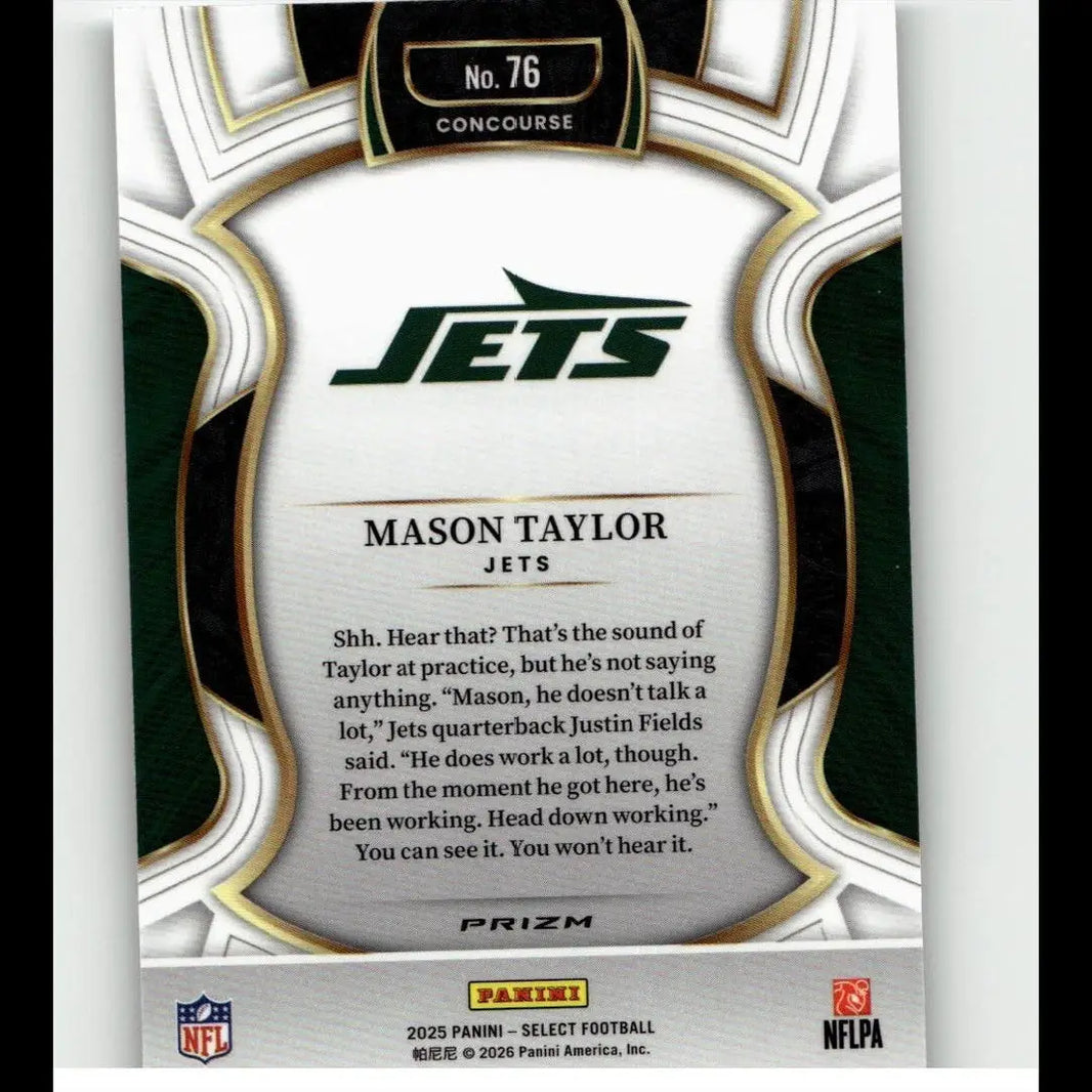 Green and white nfl jets trading card featuring mason taylor silver with gold trim from 2025 panini select prizm series