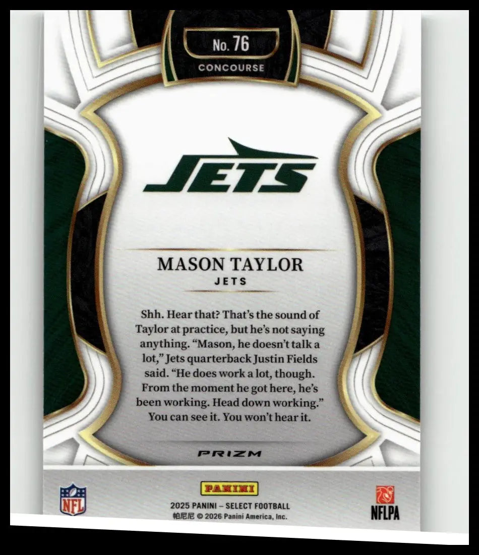 White and green 2025 panini select #76 mason taylor silver prizm nfl trading card with gold trim accents