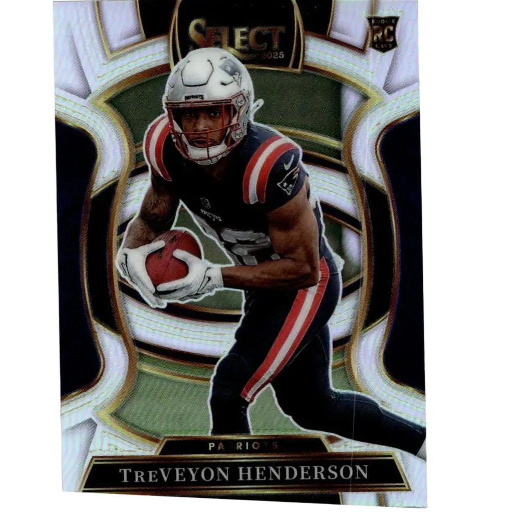 2025 panini select #78 treveyon henderson silver prizm rookie card with patriots black red white uniform and silver helmet