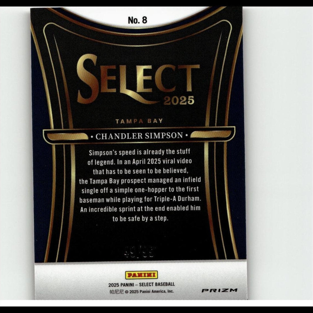 Black and gold ’select 2025’’ baseball trading card featuring chandler simpson, with a glossy finish and prizm technology.