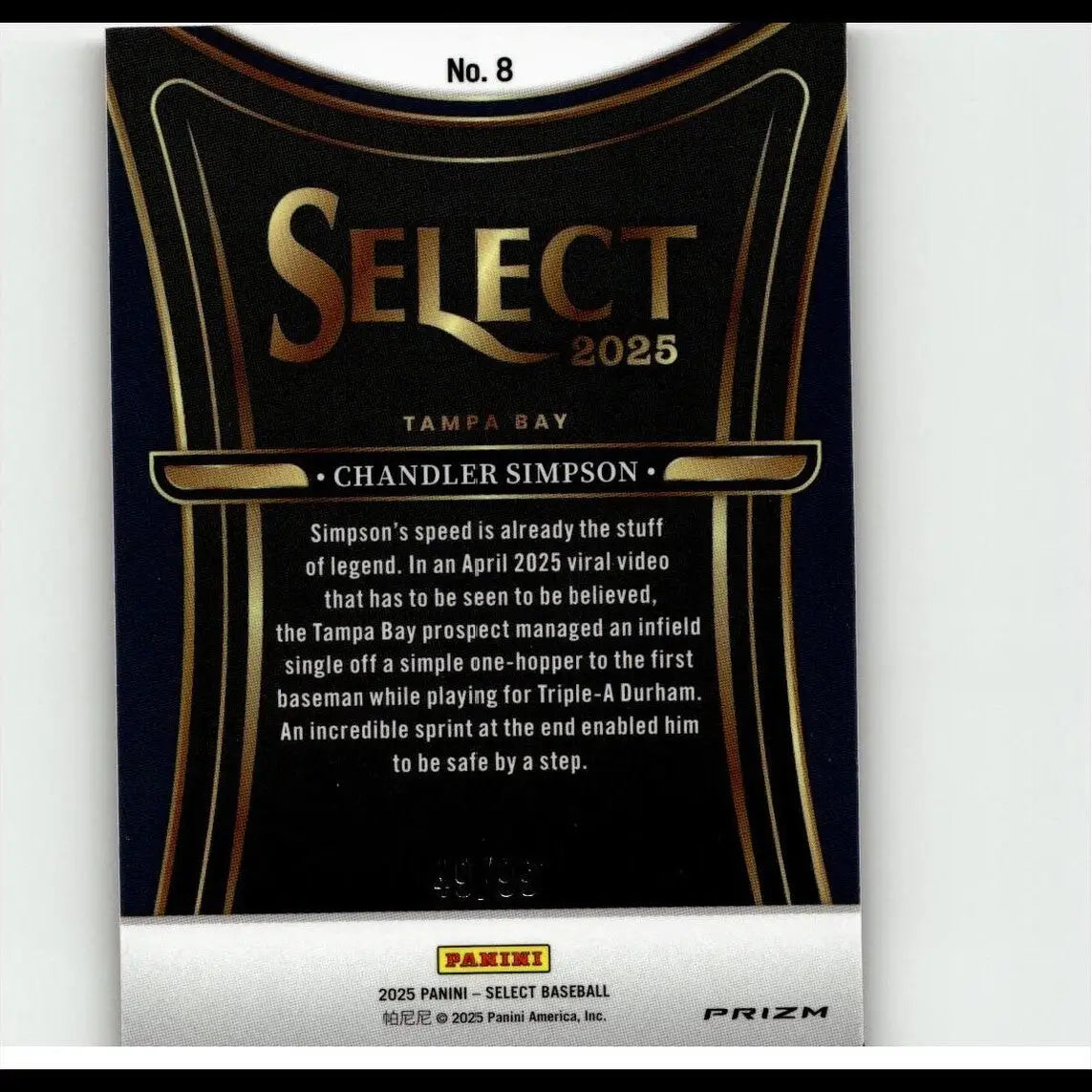 Black and gold ’select 2025’’ baseball trading card featuring chandler simpson, with a glossy finish and prizm technology.