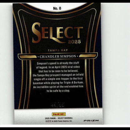 Black and gold ’select 2025’’ baseball trading card featuring chandler simpson, with a glossy finish and prizm technology.
