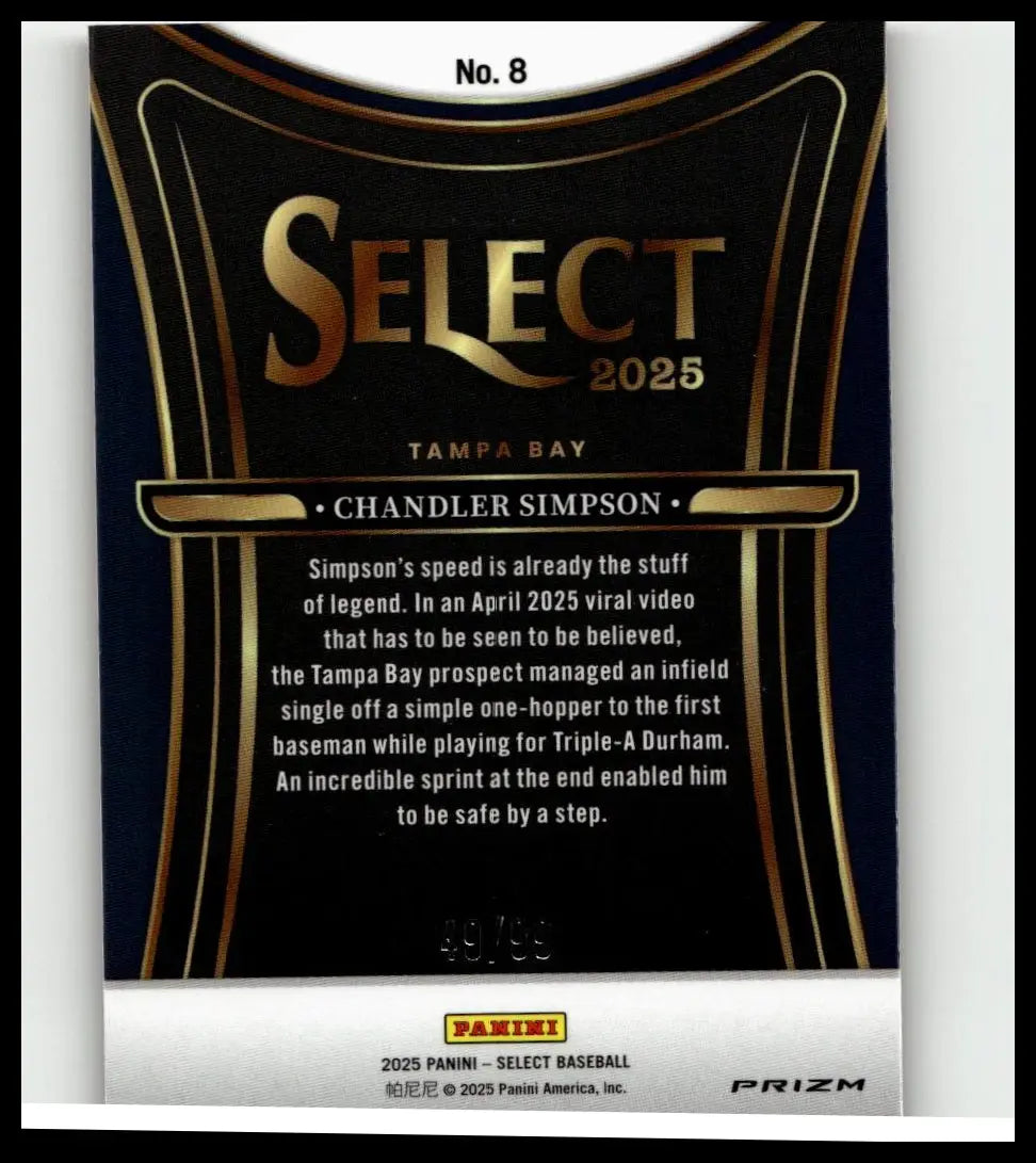 Black and gold 2025 panini select #8 chandler simpson phenomenon red prizm baseball trading card #/99