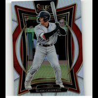 Arizona diamondbacks baseball player slade caldwell in a gray uniform with black helmet and batting gloves, captured mid-swing on this select trading card.