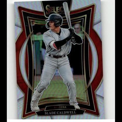 Arizona diamondbacks baseball player slade caldwell in a gray uniform with black helmet and batting gloves, captured mid-swing on this select trading card.