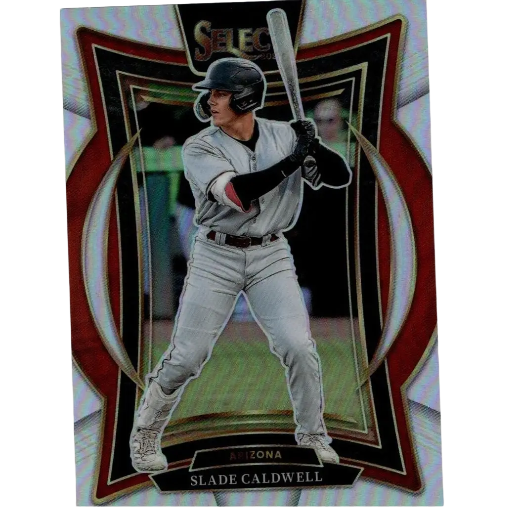 Arizona diamondbacks baseball player slade caldwell in a gray uniform with black helmet and batting gloves, captured mid-swing on this select trading card.