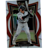 Arizona diamondbacks baseball player slade caldwell in a gray uniform with black helmet and batting gloves, captured mid-swing on this select trading card.