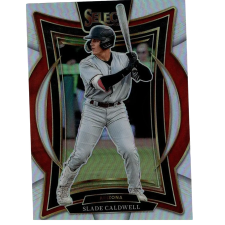 Arizona diamondbacks baseball player slade caldwell in a gray uniform with black helmet and batting gloves, captured mid-swing on this select trading card.